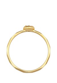 Guldring med et oktagonal bånd og en poleret overflade. Har en central indstilling til en ædelsten, der forstærker dens geometriske design.