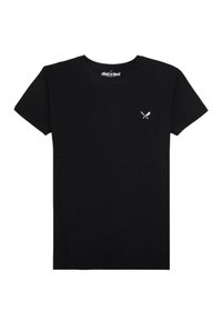Schwarzes Baumwoll-T-Shirt mit kurzen Ärmeln, Rundhalsausschnitt und einem kleinen weißen, gekreuzten Messer-Logo auf der linken Brustseite. Weicher Stoff, normale Passform.