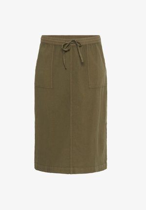 Olivgrüner Rock aus weichem Stoff, mit einem elastischen Bund, Kordelzug und zwei vorderen Taschen in gerader Silhouette.