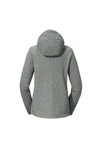 Graue Fleecejacke mit Kapuze. Sie zeichnet sich durch einen strukturierten, weichen Stoff, lange Ärmel und einen geraden Schnitt aus, mit sichtbaren Nähten entlang des Rückens.