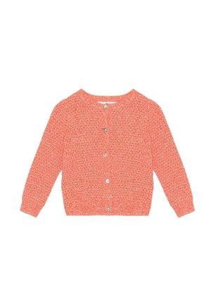 Cardigan en maille couleur corail avec manches longues, encolure ronde et cinq boutons devant, présenté sur fond blanc.