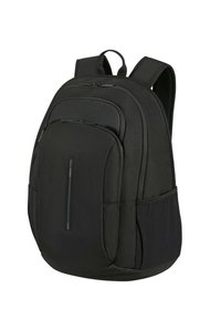 Zaino in tessuto nero con più scomparti con zip, spallacci imbottiti e pannello frontale testurizzato. Tasche elastiche laterali per ulteriore spazio di archiviazione.