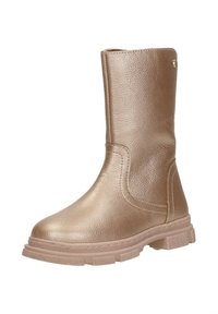 Metalen gouden enkellaarzen met een gladde leerachtige textuur, ronde neus en een chunky rubberen zool met een lichte loopvlakpatroon.