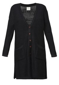 Cardigan noir à manches longues en tricot avec col en V, cinq boutons marron sur le devant et deux poches plaquées à l'avant.