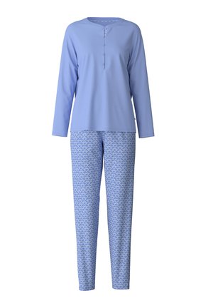 Lichtblauw shirt met lange mouwen en een ronde halslijn, gecombineerd met geblokte blauwe broek met witte hartcontouren.