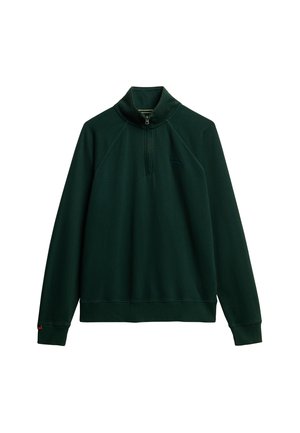 Ciemnozielona bluza z polaru z suwakiem do połowy przodu, rękawy raglanowe i prążkowany dół. Posiada subtelne logo na piersi i gładką fakturę.
