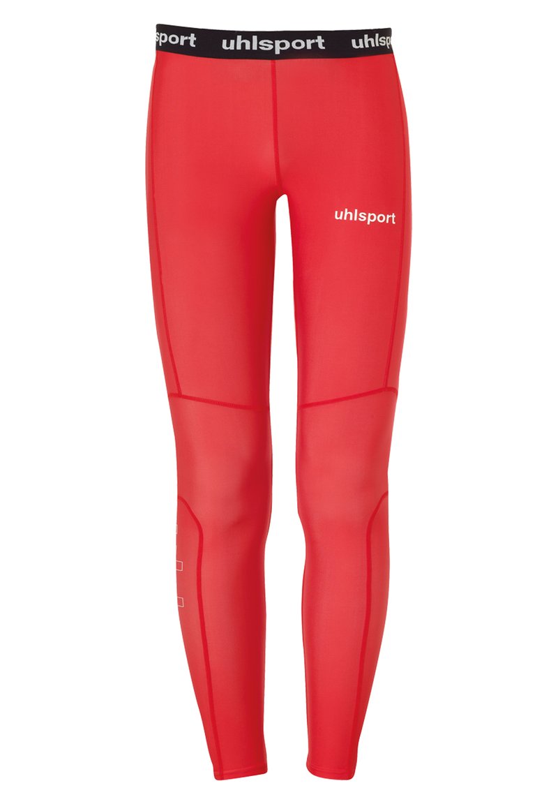 Røde træningsleggings med en sort talje, der har "uhlsport" logo. Lavet af strækbart materiale med flade sømme og paneldetaljer.