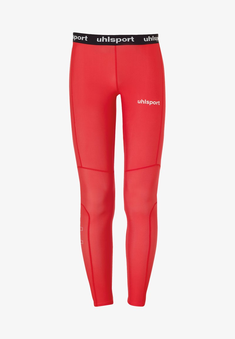 Rote Sportleggings mit einem schwarzen Bund, der das "uhlsport"-Logo trägt. Hergestellt aus elastischem Material mit flachen Nähten und Längsdetails.