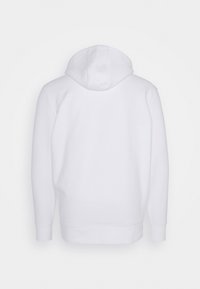 White sweatshirt with a hood, designed with a smooth texture. Features long sleeves and a ribbed hem. Back view shows minimal design details.