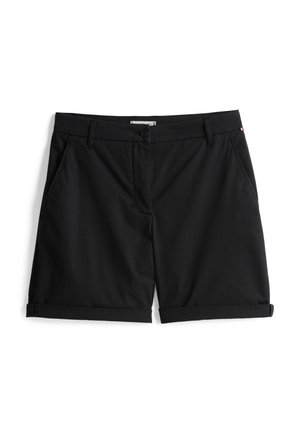 Svarte shorts med flat front, rullekanter, to sidelommer og knapstengning. Laget av lett stoff.