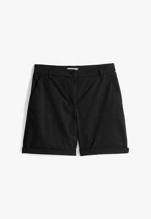 Svarte shorts med flat front, rullekanter, to sidelommer og knapstengning. Laget av lett stoff.