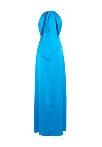 Langes blaues Halterkleid mit gebundenem Rücken, glatter Stoffstruktur und taillierter Silhouette mit gerader Rockform.