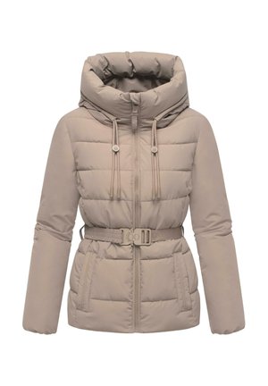 Giacca imbottita beige con alto colletto, zip frontale, cappuccio regolabile con cordino, due tasche anteriori e vita cin cin con fibbia.