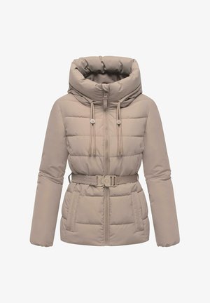 Beige párnázott kabát magas gallérral, elülső cipzárral, állítható húzózsinóros kapucnival, két elülső zsebbel és övvel ellátott derékkal, csattal.