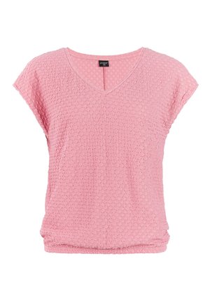 Roze gebreid top met korte mouwen, V-hals en subtiele geplooide zoomdetail.