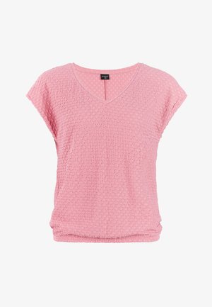 Růžový krátký rukáv pletený top s V-výstřihem a jemným detailem na staženém lemu.