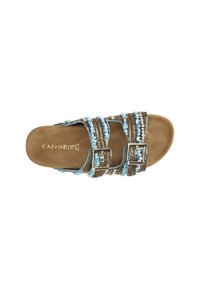 Sandalo scivoloso in suede marrone con tre cinturini a strisce blu e naturali, dotati di fibbie in metallo. Soletta morbida con lettering del marchio.