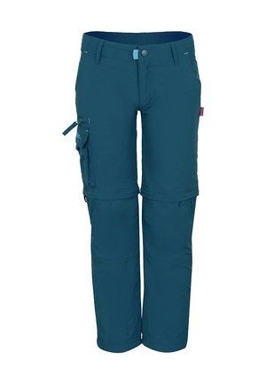 Dark teal zip-off cargo pants with belt loops, side pockets, and a small Norwegian flag tag on the right side.