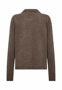 Brun, långärmad tröja med en mjuk textur, med en krage och en enkel design. Baksidan är odekorerad, vilket framhäver materialet.
