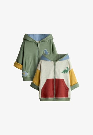 Kaks laste lukuga kapuutsiga pusa, üks roheline valge "Go Wild" plaastriga, teine beežist, kollasest ja punasest värvikombinatsioonis, mõlemal rinnal dinosauruse motiiv.