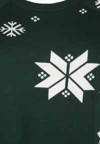 Ciemnozielony sweter z dzianiny z dużym białym wzorem płatka śniegu i mniejszymi akcentami płatków śniegu. Gładka tekstura z prążkowanym dekoltem.