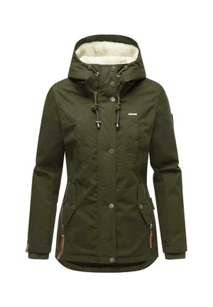 Olive green winter jacket with a hood, faux fur lining, zippered side pockets, button closures, and ribbed cuffs for added warmth.