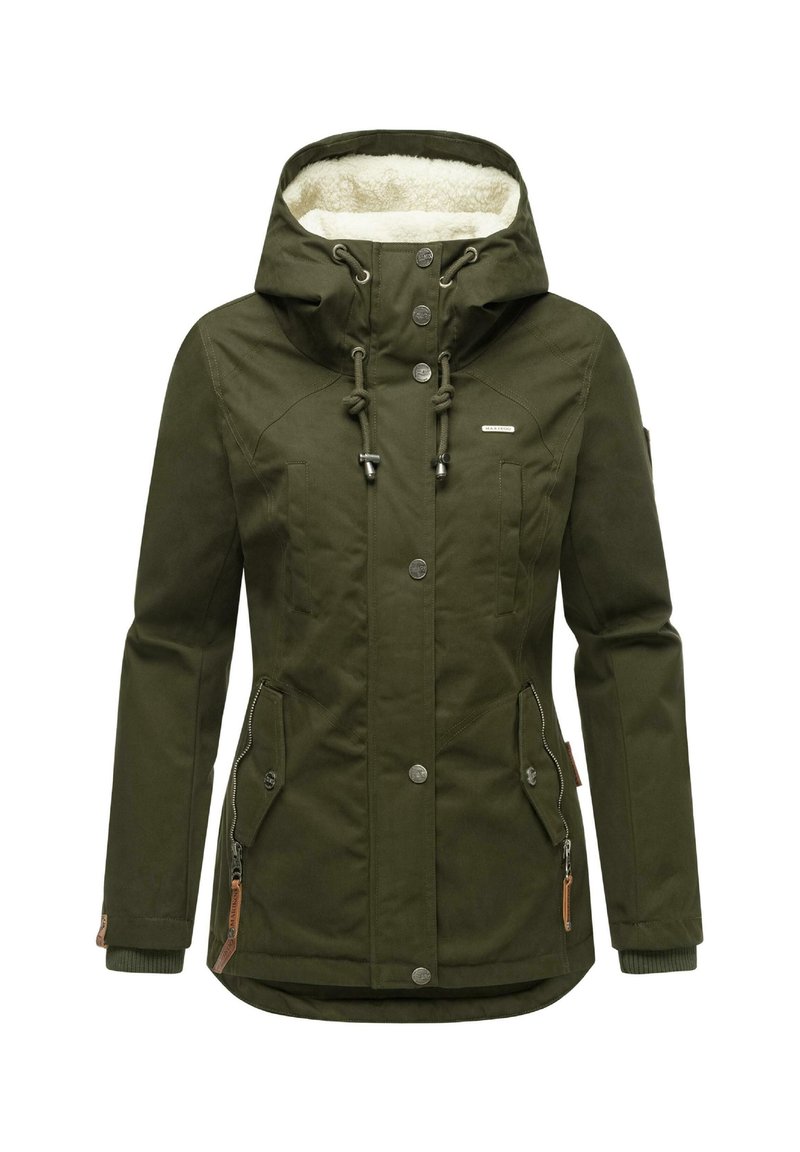 Olive green winter jacket with a hood, faux fur lining, zippered side pockets, button closures, and ribbed cuffs for added warmth.