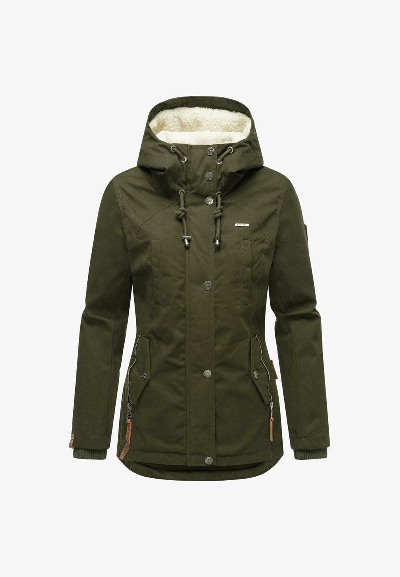 Olive green winter jacket with a hood, faux fur lining, zippered side pockets, button closures, and ribbed cuffs for added warmth.