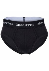 Schwarze Baumwollslips mit einem breiten elastischen Bund, auf dem das Logo "Marc O’Polo" in Weiß zu sehen ist. U-förmige Vorderseite und nahtlose Seiten.