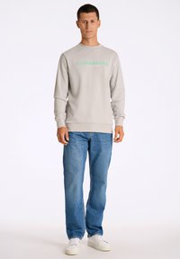 Sudadera gris claro con la inscripción "COPENHAGUE" en texto verde, combinada con jeans azules y zapatillas blancas. Textura suave, corte clásico.