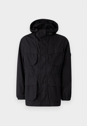 Black hooded jacket made of lightweight fabric, featuring four front pockets, elastic cuffs, and a cinched waist for adjustable fit.