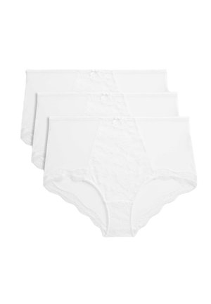 Bóxer de encaje blanco, con un diseño de encaje floral en la parte delantera, bordes ondulados y pequeños lazos en la cinturilla. Paquete de tres.