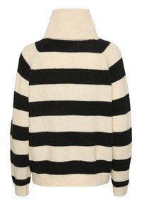 Gestreifter Pullover mit abwechselnden schwarzen und cremefarbenen Streifen. Verfügt über einen hohen Kragen, gerippte Bündchen und eine weiche Textur. Klassisches, lockeres Design.