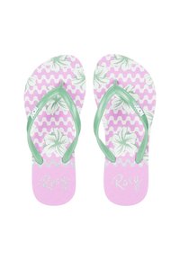 Rosa och gröna flip-flops med blommönster, zick-zack-mönster, strukturerad fotbädd och "Roxy"-logotyp i glitter på sulan.