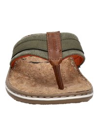 Cork footbed sandal with green fabric straps and brown leather accents. Features orange lining and a white sole stitching detail.