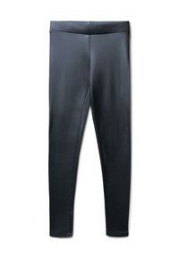 Czarne legginsy wykonane z gładkiego, elastycznego materiału; posiadają wysoki stan i dopasowany krój bez widocznych szwów lub wzorów.