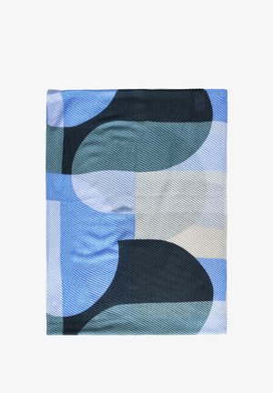 Écharpe bleu, noir, gris et blanc avec des formes abstraites courbes et rectangulaires dans une texture de tissu côtelé diagonal.