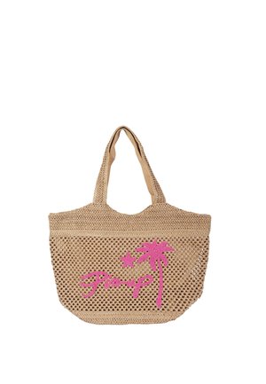 Borsa tote beige tessuta con due manici e grafica rosa di una palma, stella e testo in corsivo "Pimp" sul davanti.