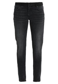 Jeans neri slim fit con texture sbiadita, chiusura a bottone, passanti per cintura e cinque tasche, esposti su uno sfondo bianco.