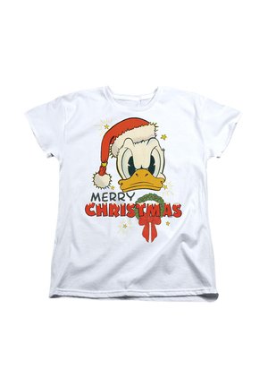 Weißes T-Shirt mit einer Cartoon-Ente, die einen roten Weihnachtsmannhut trägt. Das Design enthält "FROHE WEIHNACHTEN" in roter Schrift und grünen Akzenten.