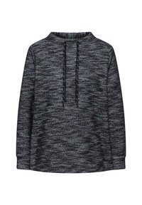 Pullover lavorato a maglia blu scuro e grigio con un collo alto, cordoncino frontale e maniche lunghe. Tessuto testurizzato con un motivo sottile.