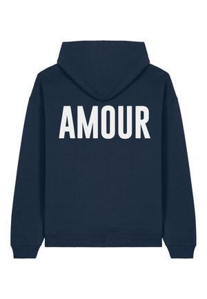 Navy blue hooded sweatshirt featuring large white lettering "AMOUR" on the back, made from soft cotton blend with ribbed cuffs and hem.