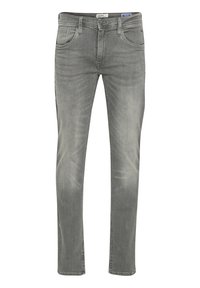 Jean slim fit gris pour homme en denim avec poches avant, passants de ceinture et fermeture par boutons.