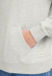 Sudadera gris claro con una textura suave, que presenta un bolsillo canguro en la parte frontal, puños acanalados y una pequeña etiqueta de la marca en el dobladillo.