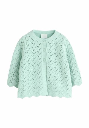 Mint green knitted cardigan with a chevron pattern, round neckline, and three-button closure. Features scalloped hem and long sleeves.