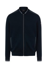 Granatowa kurtka bomberka z teksturowanej tkaniny z zamkiem błyskawicznym, paskowanym kołnierzem i akcentami na rękawach. Posiada dwie boczne kieszenie oraz ściągacze na mankietach.
