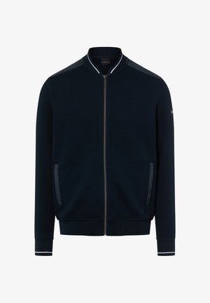 Giubbotto bomber navy in tessuto strutturato con chiusura a zip, collo a righe e dettagli sulle maniche. Presenta due tasche laterali e polsini a costine.