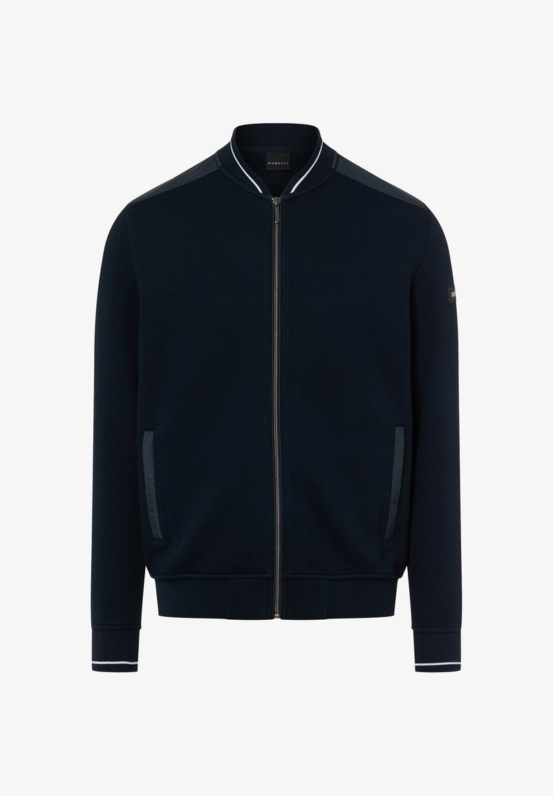 Granatowa kurtka bomberka z teksturowanej tkaniny z zamkiem błyskawicznym, paskowanym kołnierzem i akcentami na rękawach. Posiada dwie boczne kieszenie oraz ściągacze na mankietach.