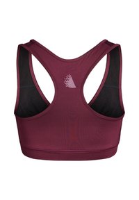 Sujetador deportivo burdeos con diseño de espalda cruzada, con paneles de malla negra y detalle de logo texturizado en la parte posterior. Tela suave y elástica.