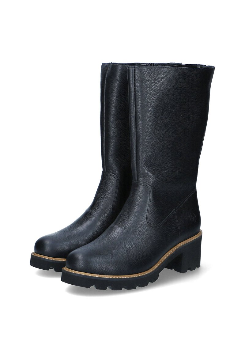 Bottes noires en cuir montantes avec une finition texturée, semelle en caoutchouc épaisse et petit talon. Tige flexible pour un enfilage facile.